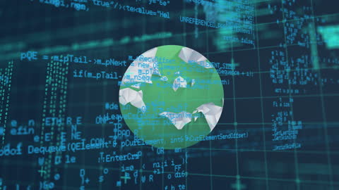 Visual conveys idea of interconnected data flow across the globe, emphasizing global connectivity. Use this for technology-themed presentations, showcasing data processing, online networking, or illustrating global digital landscapes. Ideal for online platforms related to data analytics, global business, or cybersecurity fields.