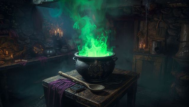 Mystical Potion Brewing in Medieval Stone Chamber