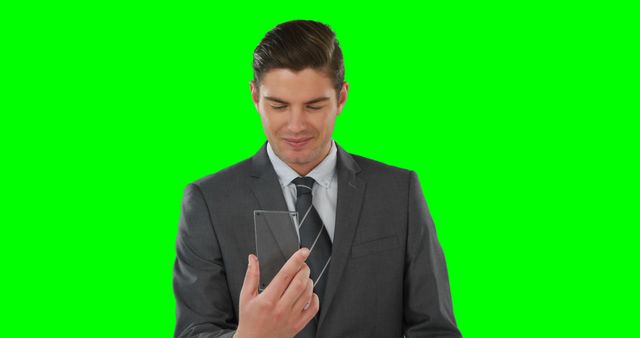 Businessman in a gray suit smiling while using his phone against a green screen background. Suitable for themes such as modern business, technology integration, corporate communications, and marketing. Green screen allows for easy insertion of custom backgrounds and creative marketing ideas.