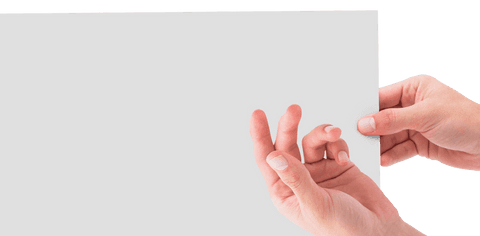 Hands holding blank paper on transparent background for easy callouts
