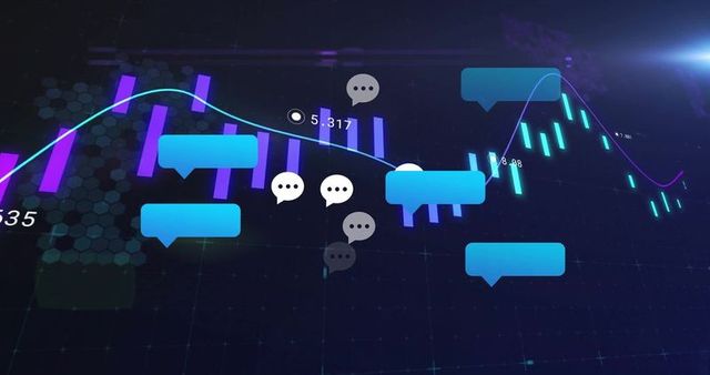 Chat bubbles and digital graphs on financial dashboard interface