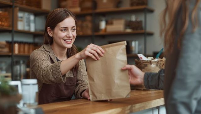 Friendly barista handing takeaway paper bag across wooden counter in cozy coffee shop