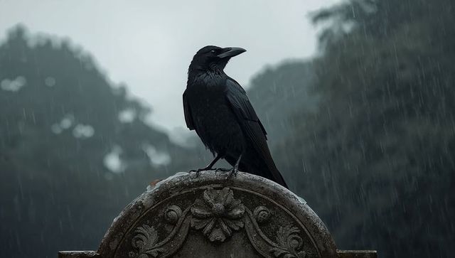 Solemn Crow in Rain on Vintage Cemetery Monument