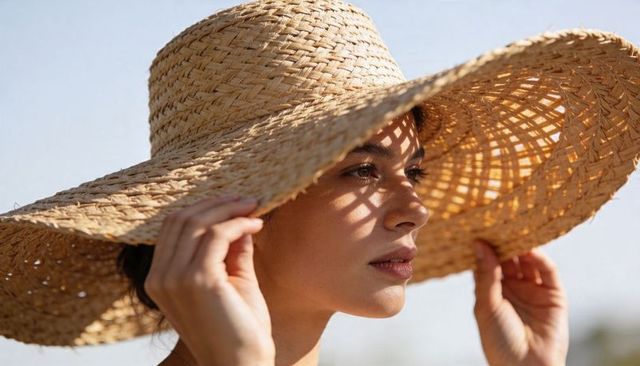 Tilting woman touching wide-brim straw hat casting lattice shadow on face