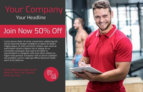 Dynamic fitness offer with professional trainer promoting 50% discount