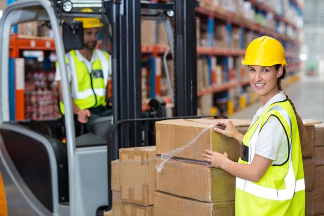 Portrait of female worker smiling in warehouse