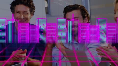 Business Team Meeting with Futuristic Digital City Projection