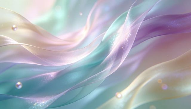 Ethereal iridescent ribbons flowing in pastel gradient with sheer sparkle and bokeh