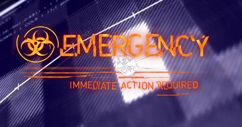 Futuristic cyber alert with biohazard warning need immediate action