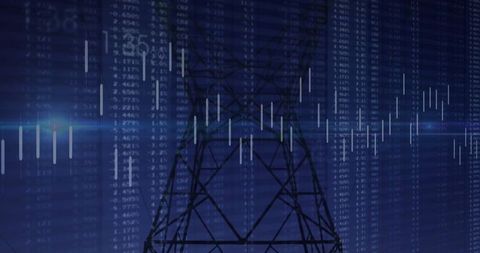 Powerline Tower Against Digital Financial Data Background