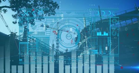 Futuristic Digital Infographic Overlay on Construction Site