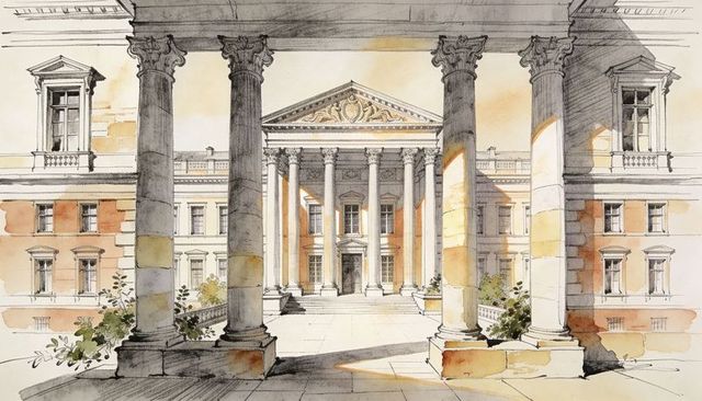 Neoclassical portico framed by fluted columns, watercolor perspective of stately forecourt