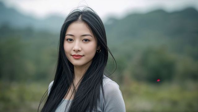 Portrait showing woman with long black hair wearing gray long-sleeve top against hills