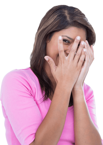 Shy Woman Covering Face in Pink Shirt on Transparent Background