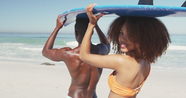 Young Couple Carrying Surfboard on Sunny Beach - Download Free Stock Images Pikwizard.com