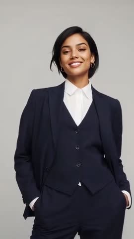 Vertical video of confident businesswoman smiling and posing in tailored navy suit