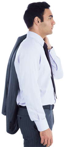 Confident Biracial Businessman Holding Suit Jacket on Transparent Background