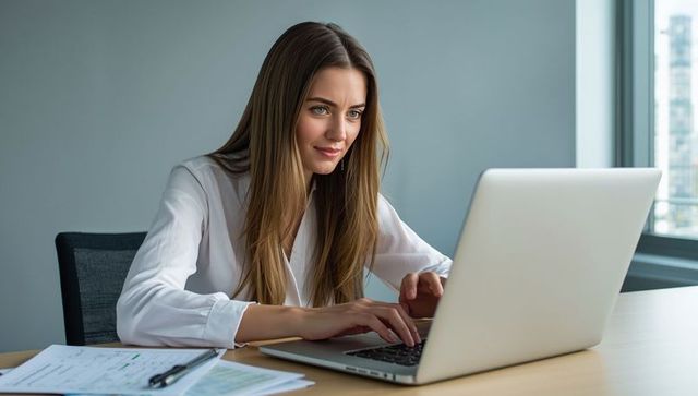 Focused Businesswoman Working at Office Desk on Laptop