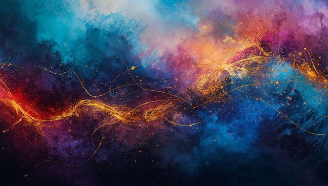 Luminous golden ribbon weaving through magenta-teal cosmic nebula abstract background