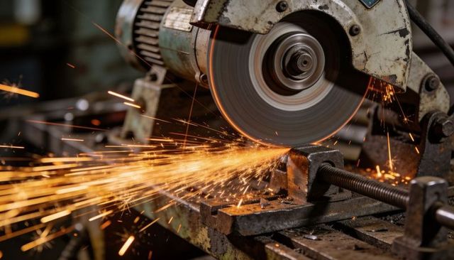 High-speed grinding wheel cutting clamped steel bar, throwing bright orange sparks in workshop