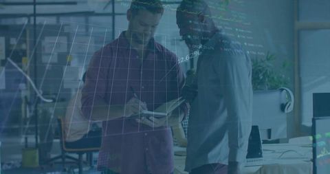Collaborative data review in modern office with notebook and analytics overlay for teams