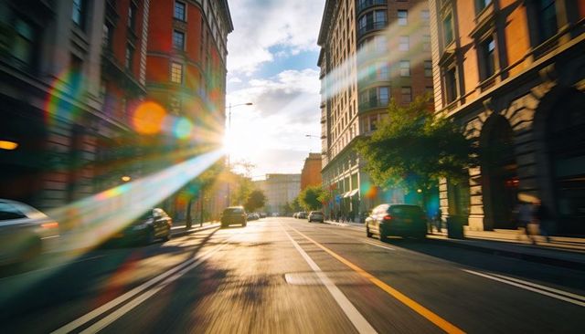 Sun-drenched downtown avenue with lens flare and motion-blurred cars at golden hour