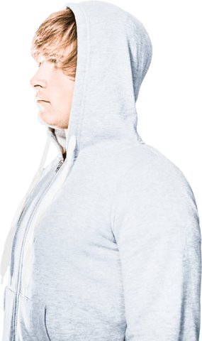 Side profile of serious man in gray hoodie on transparent background