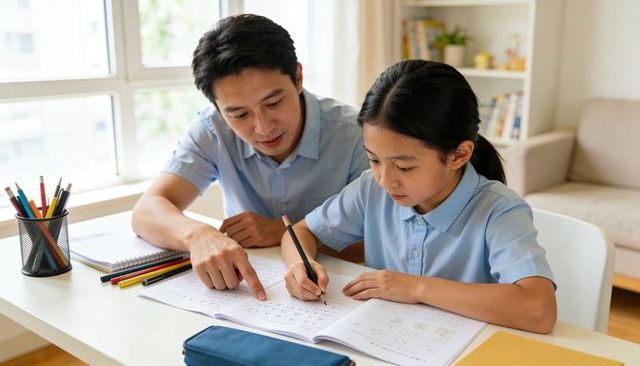Father tutoring daughter at home study table doing homework with pencils and books