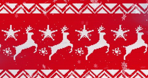 Festive Red Knitted Reindeer Under Falling Snowflakes