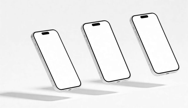Floating modern smartphone trio with blank displays showing metal frames for app mockup