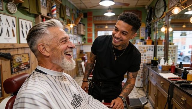 Laughing older client with tattooed barber sharing warm cozy moment in vintage barbershop