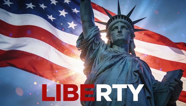 Statue of liberty standing against waving american flag with dramatic sunburst and liberty