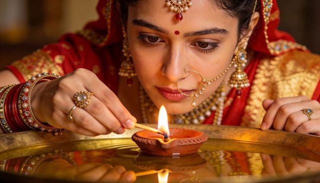 Lighting diya in red-gold sari leaning over brass tray with glowing reflection and ornate jewelry