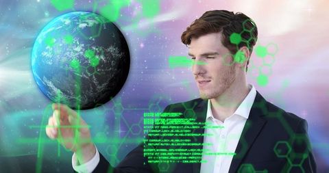 Businessman in virtual world with futuristic technology