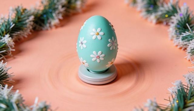 Teal easter egg decorated with daisies on pastel stand surrounded by evergreen garland