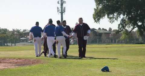 Diverse baseball players celebrating teamwork in handshake line