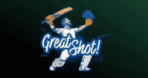 Batsman Celebrating Great Shot Raising Bat and Helmet Sports Victory Cricket Graphic
