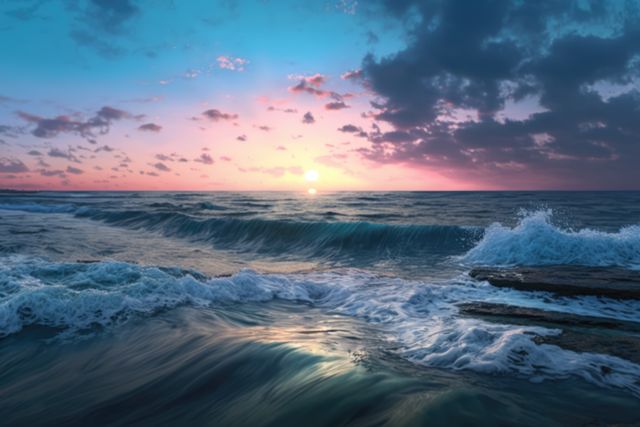 Tranquil Ocean Waves and Vibrant Sunrise - Download Free Stock Images Pikwizard.com