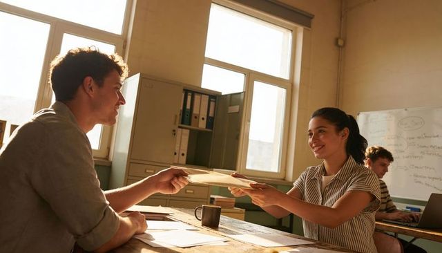 Team members passing document across sunlit wooden desk during casual meeting
