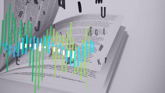 This video depicts dynamic letters and colorful data charts superimposed on an open book, symbolizing the convergence of traditional reading materials with digital data analysis. Ideal for educational content about digital transformation in publishing, innovative data presentation methods, or representing modern techniques in data analysis.