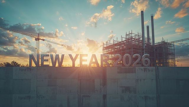 New Year 2026 steel letters crowning industrial construction at sunset with crane