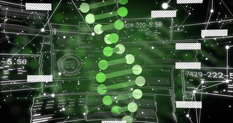Neon green dna helix visualizing bioinformatics network with circuit traces and data