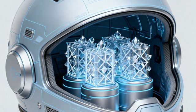 Futuristic silver helmet revealing glowing crystal data modules inside visor, cyber tech