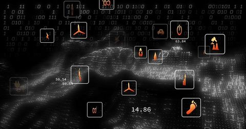 Futuristic energy dashboard visualizing co2 emissions, binary analytics and point-cloud terrain