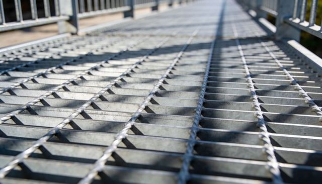 Revealing galvanized metal grate on sunlit industrial walkway casting linear grid shadows