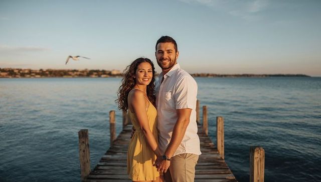 Couple holding hands on pier at sunset smiling, woman in yellow dress, seaside romance