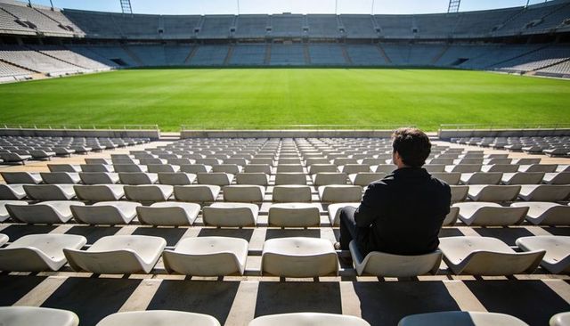 Lonely spectator sitting in empty stadium watching green pitch from upper seats, solitude
