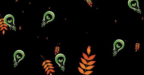 Eco-friendly lightbulbs and leaves on black background