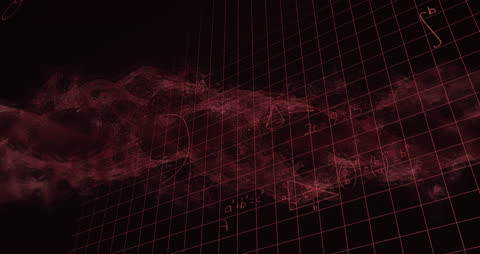 Abstract Math Formulas with Red Particle Effects on Grid