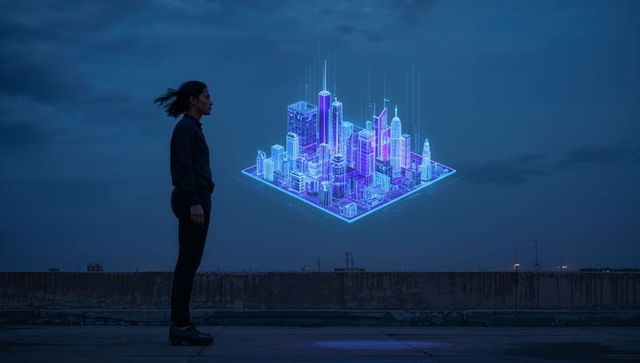 Woman watching neon holographic smart city model hovering over rooftop at dusk